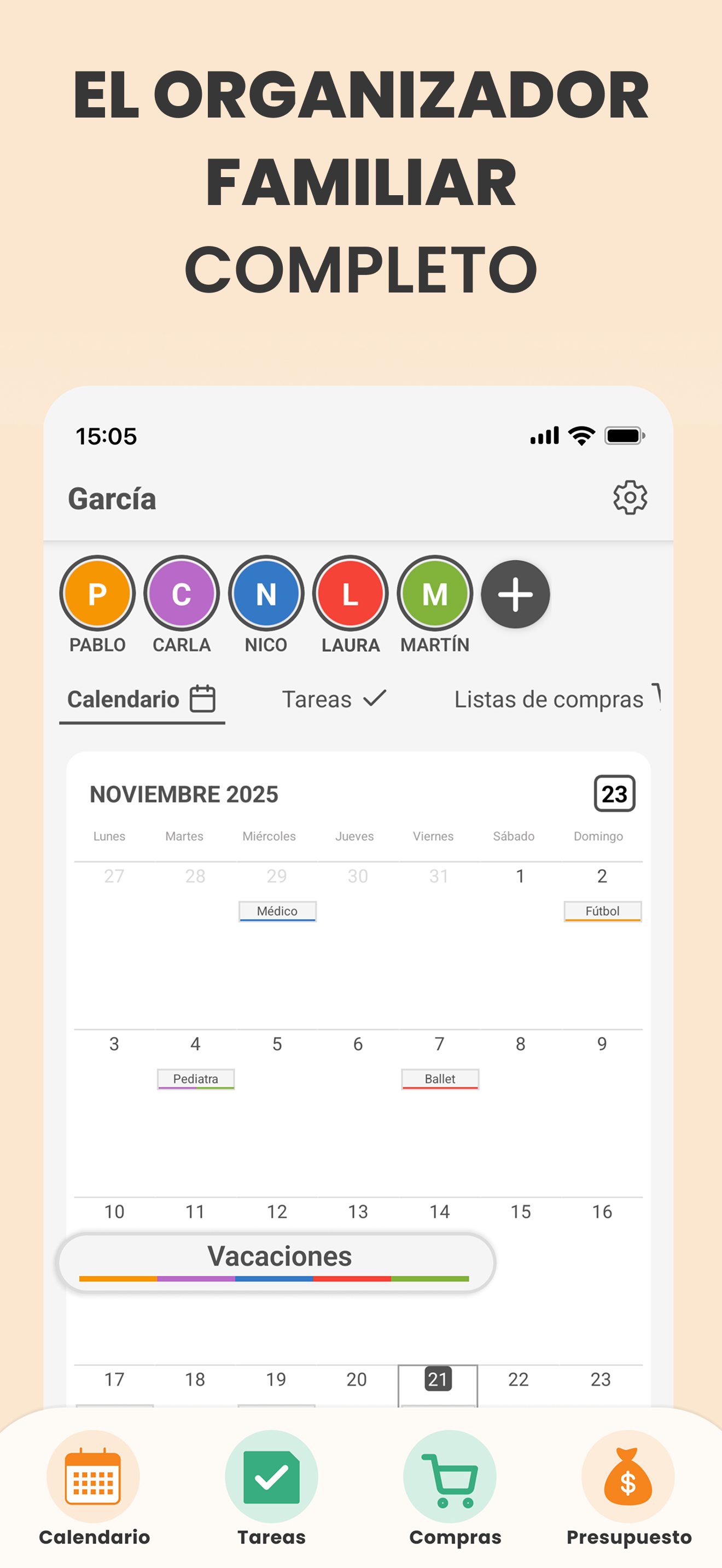 Captura del resumen del calendario en Plamily